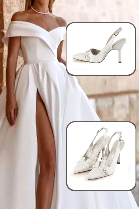 Women's pure white elegant slingback heels, with a bow on the front. Tapered toe. High spool heels - Worn view